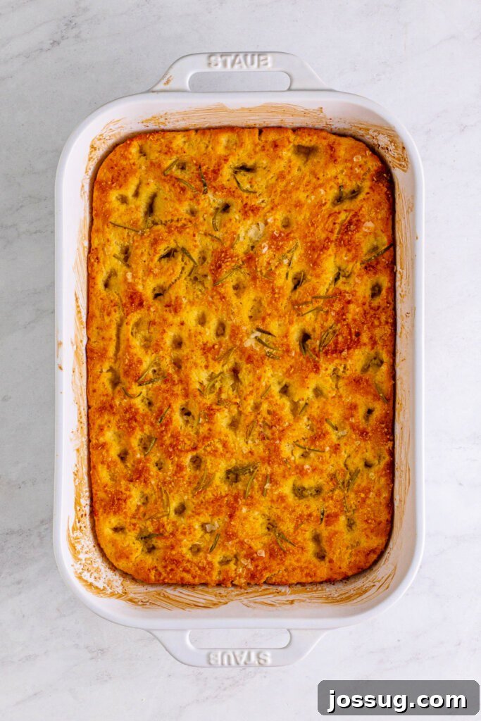 baked rosemary focaccia bread in pan
