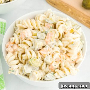 finished dill pickle pasta salad in serving bowl
