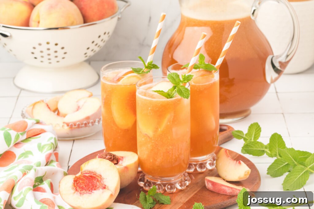 A trio of glasses filled with golden peach tea and garnished with fresh fruit, positioned on a wooden serving platter with a full pitcher in the background, creating a refreshing tableau.