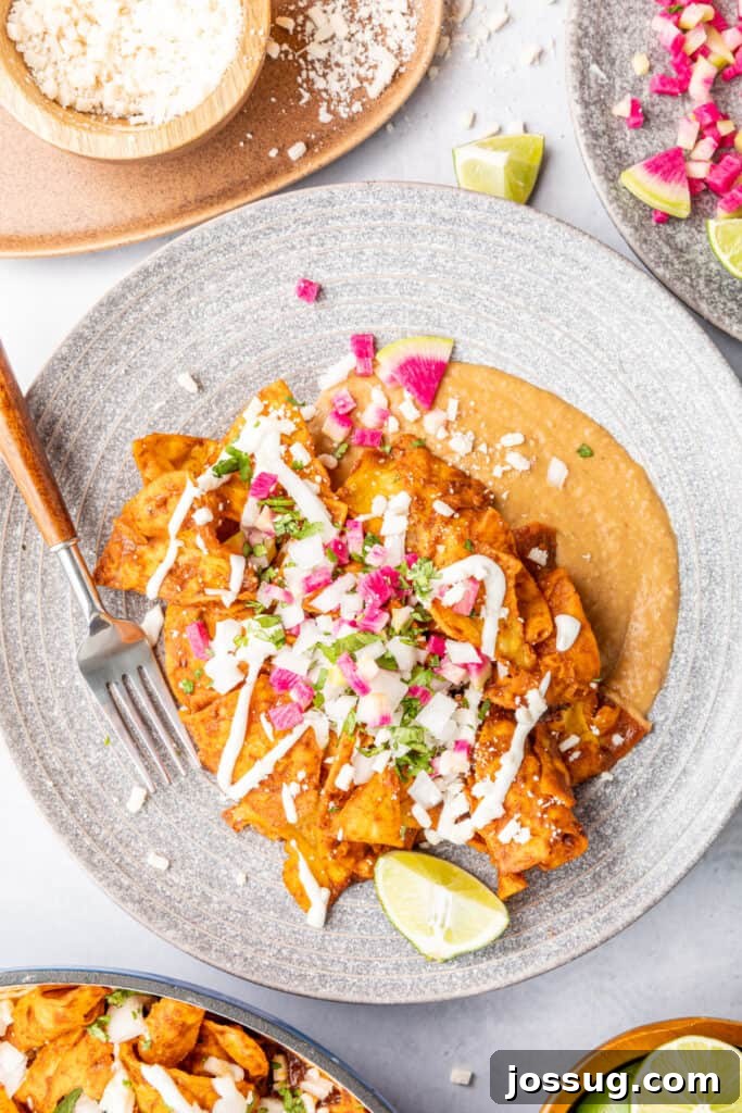 Decadent Mole Chilaquiles 2 portion of mole chilaquiles on plate with refried beans