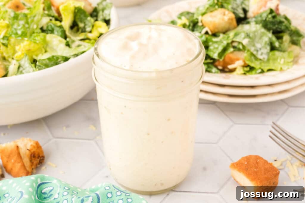 Caesar Salad Reinvented 8 Glass jar filled with Caesar dressing