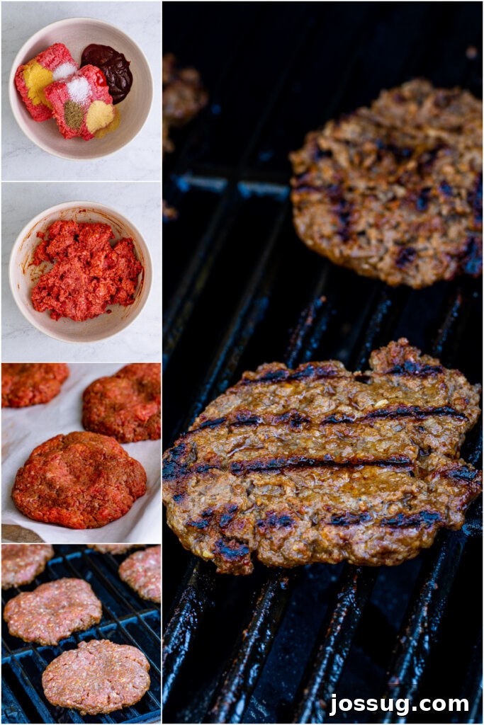 Coke-Glazed Onion Bacon Cheeseburgers 4 Ingredients for making the hamburgers laid out on a cutting board, including ground beef, spices, and fresh vegetables.
