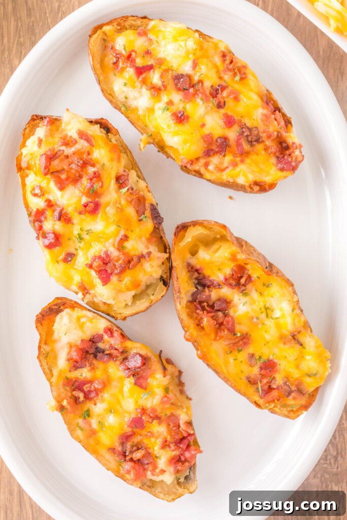 Smoky Grilled Twice-Baked Potatoes 5 Four perfectly grilled twice baked potatoes on a platter, garnished with fresh herbs and ready to serve.