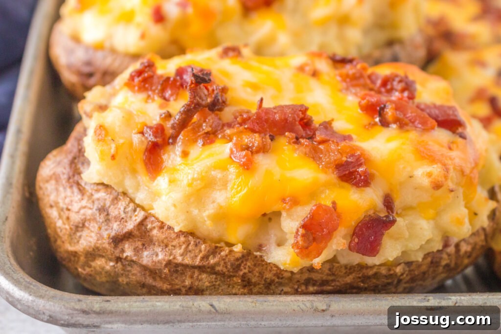 Smoky Grilled Twice-Baked Potatoes 6 Closeup of a perfectly grilled twice baked potato on a baking sheet, showing melted cheese, crispy skin, and savory filling.