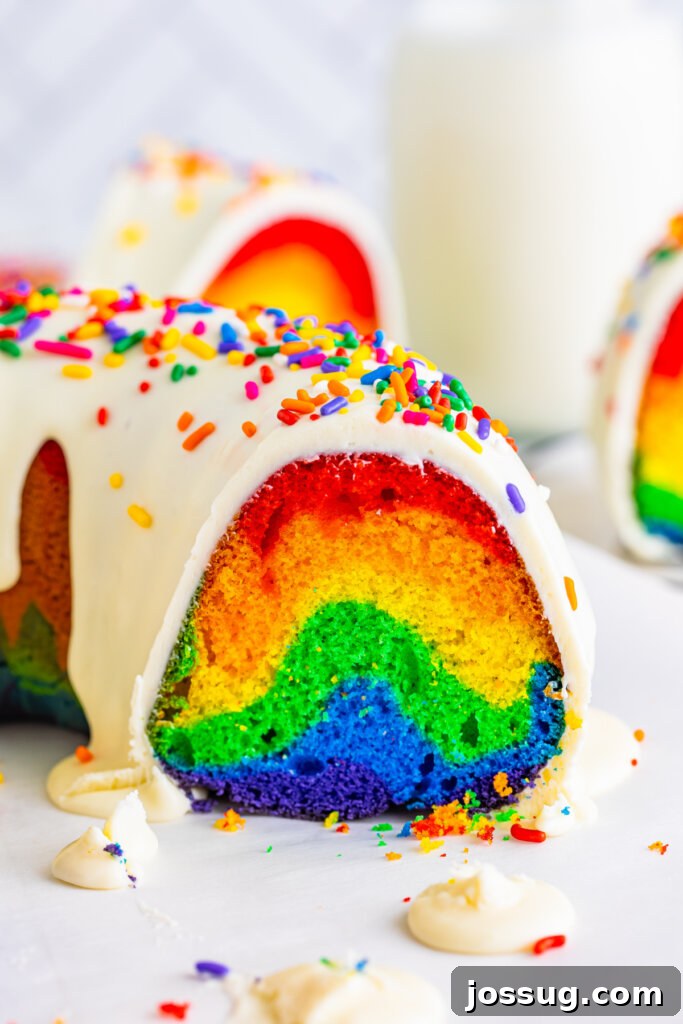 A stunning Rainbow Bundt Cake sliced to reveal its vibrant internal colors, perfect for any celebration.
