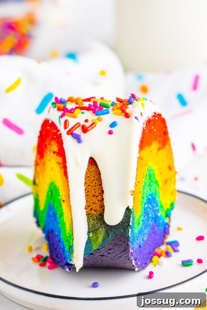 A perfectly portioned slice of Rainbow Bundt Cake on a white plate, showcasing its beautiful layers.