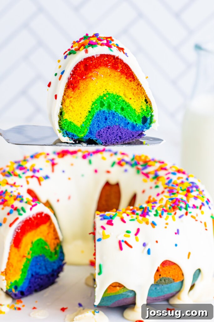 A slice of Rainbow Bundt Cake being served on a spatula, revealing the intricate colorful layers.