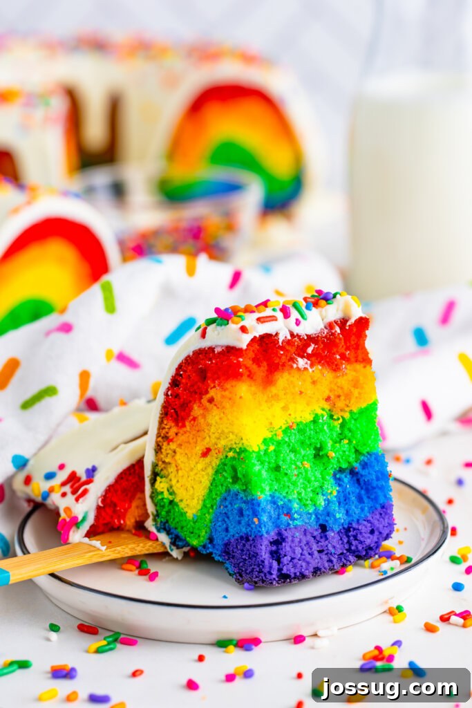 A perfectly baked and frosted Rainbow Bundt Cake, ready for slicing and serving.