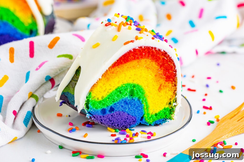 A close-up view of a slice of Rainbow Bundt Cake, ready to be enjoyed.