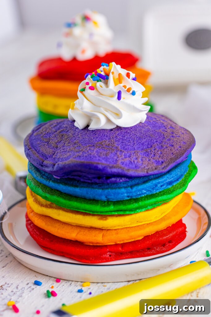 stack of rainbow pancakes on plate