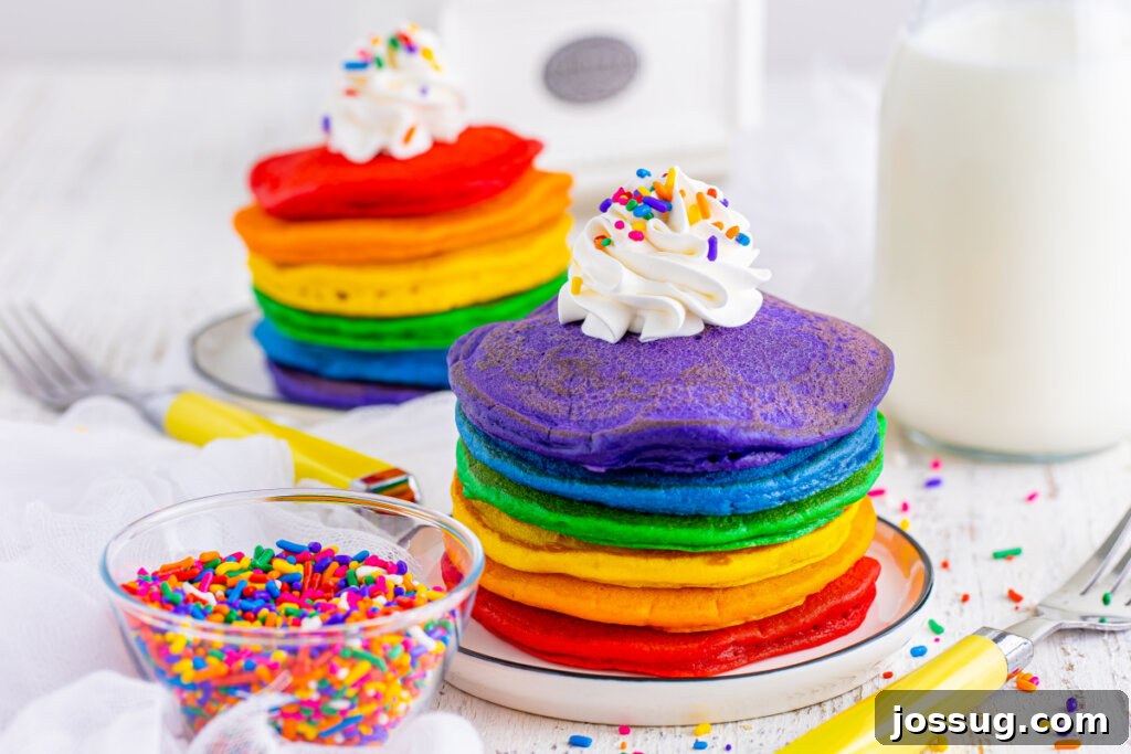 rainbow pancakes stacked on plate
