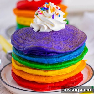 closeup of rainbow pancakes on plate