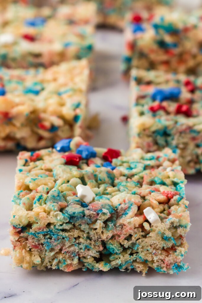 Patriotic Crispy Rice Squares 4 Patriotic rice crispy treat bars on table