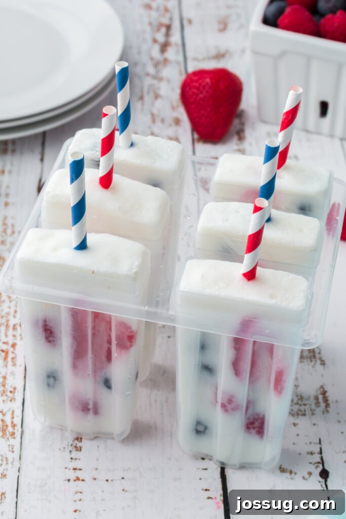 Red White and Blue Berry Pops 3 yogurt berry popsicles in molds