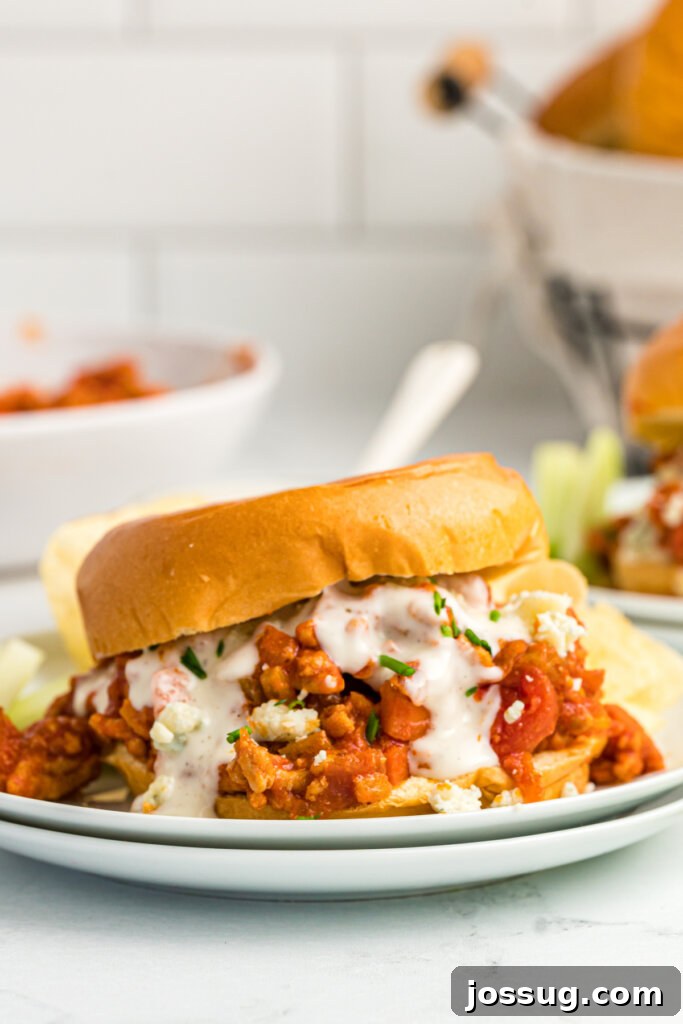 A delicious Buffalo Chicken Sloppy Joe on a plate, ready to be enjoyed.