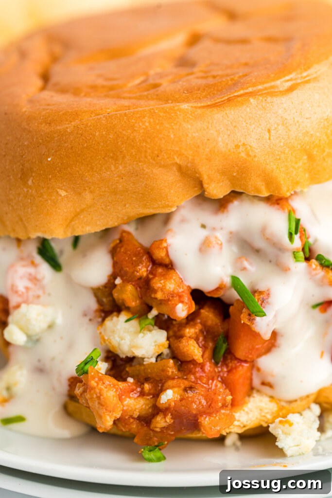 A close-up view of the buffalo chicken sloppy joe mixture, ready to be served.