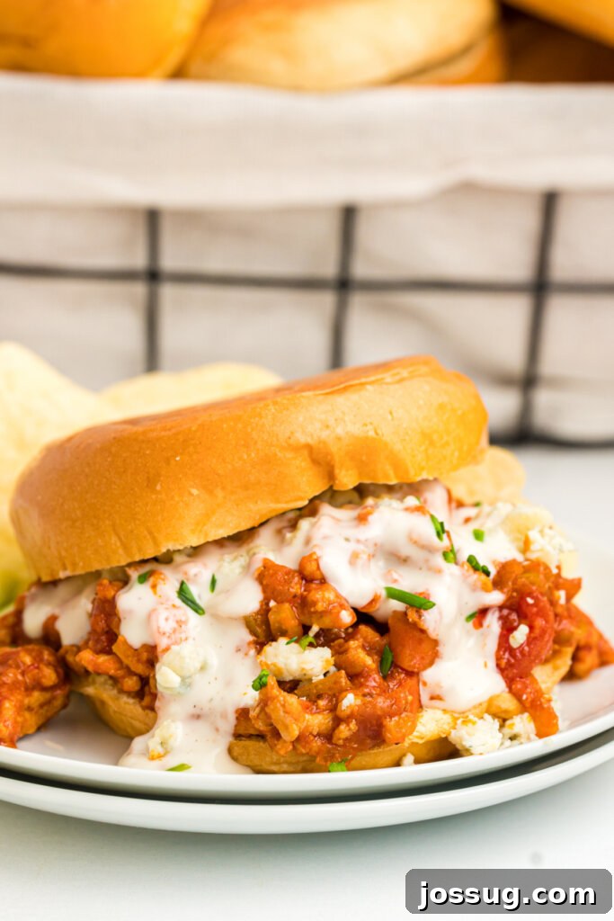 Two Buffalo Chicken Sloppy Joes served on a plate with garnishes.