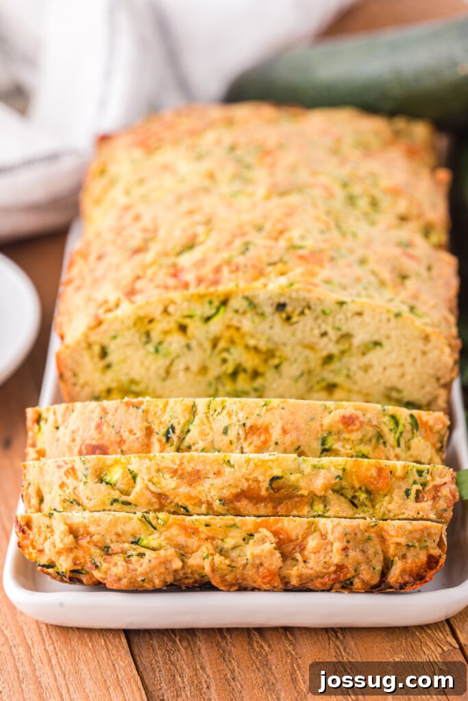 Savory Zucchini Cheese Loaf 3 Close-up of a loaf of cheesy zucchini bread resting on a rustic serving plate, showcasing its golden crust and delicious texture.