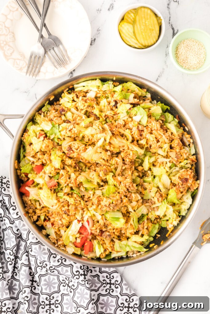 skillet with cheeseburger fried rice