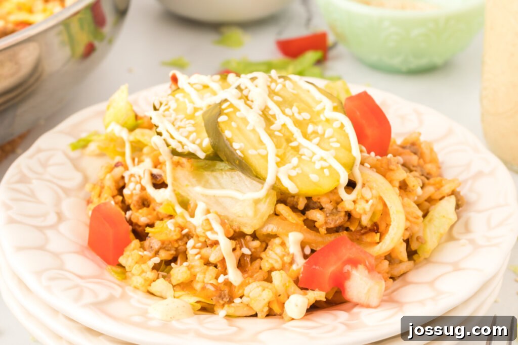 cheeseburger fried rice on white plate