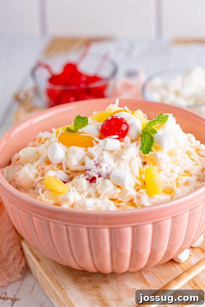 Heavenly Ambrosia Delight 2 Delicious Ambrosia Salad served in an elegant pink bowl, ready to be enjoyed.