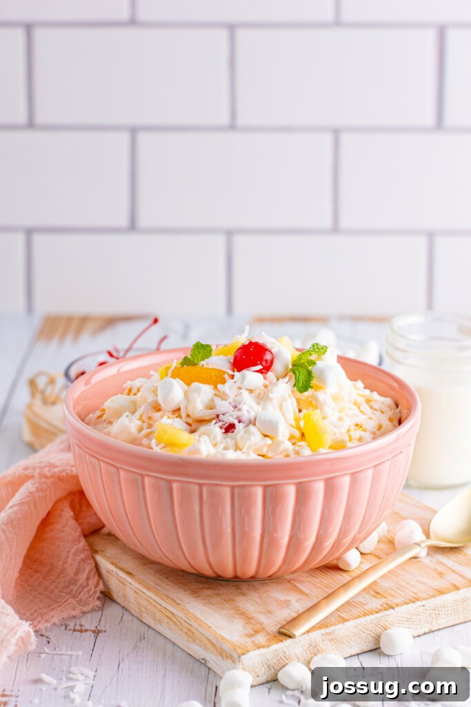 Heavenly Ambrosia Delight 4 Ambrosia Salad in a pink bowl on a kitchen counter, ready for chilling.