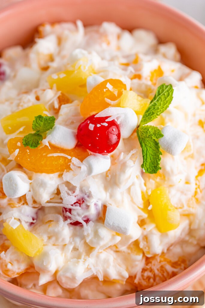 Heavenly Ambrosia Delight 5 Close-up of Ambrosia Salad in a pink bowl, showing detailed textures and colors.