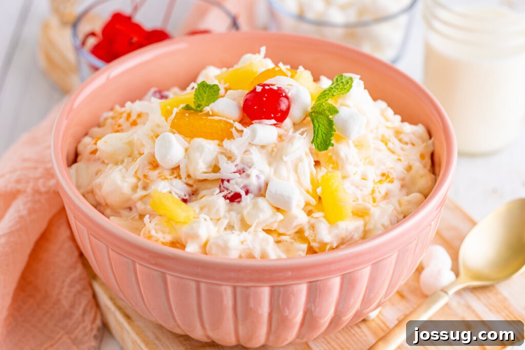Heavenly Ambrosia Delight 6 Large pink bowl filled with Ambrosia Salad, garnished and ready for a party.