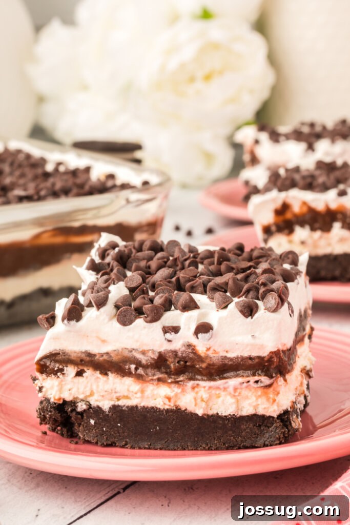 Chocolate Lasagna Delight 2 chocolate lasagna lush slice on a pink plate