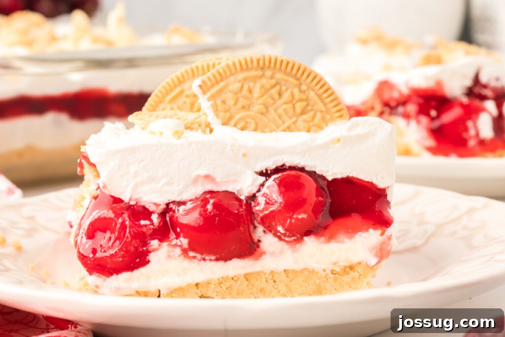 A vibrant slice of Cherry Lasagna Lush, beautifully composed with its layered dessert structure, resting on a white plate ready to be savored.