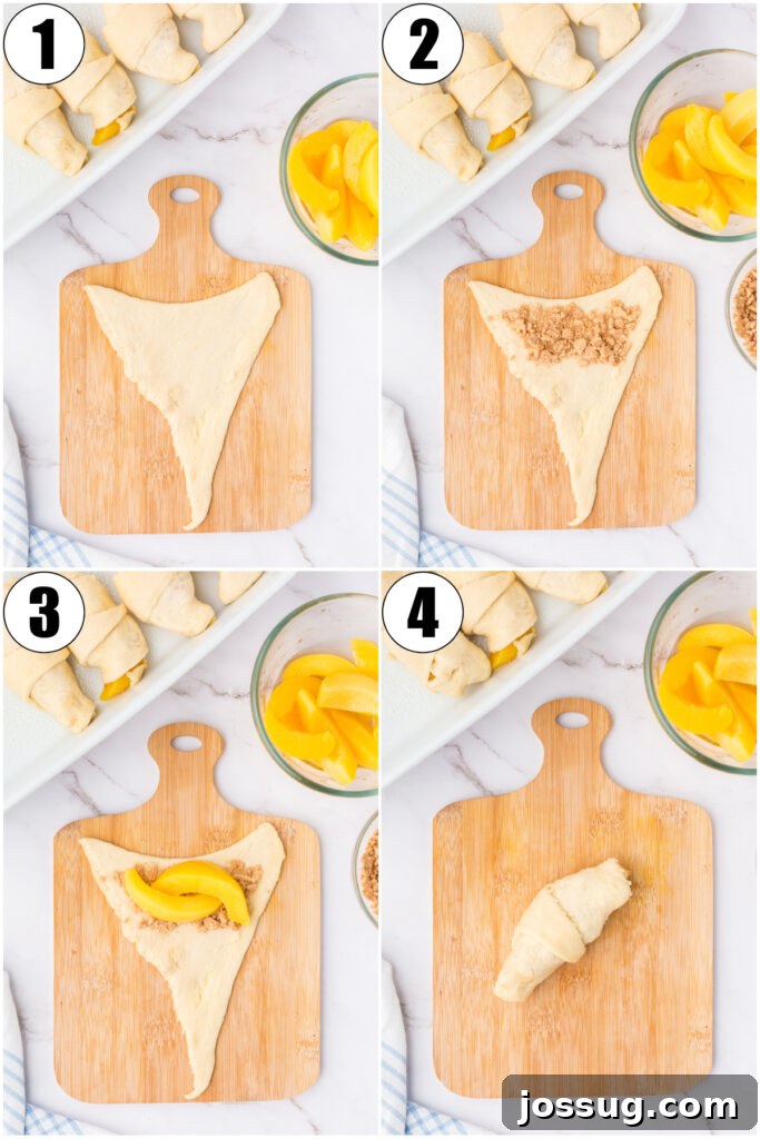 A step-by-step visual guide demonstrating how to roll the peach slices within the crescent dough for perfectly formed dumplings.