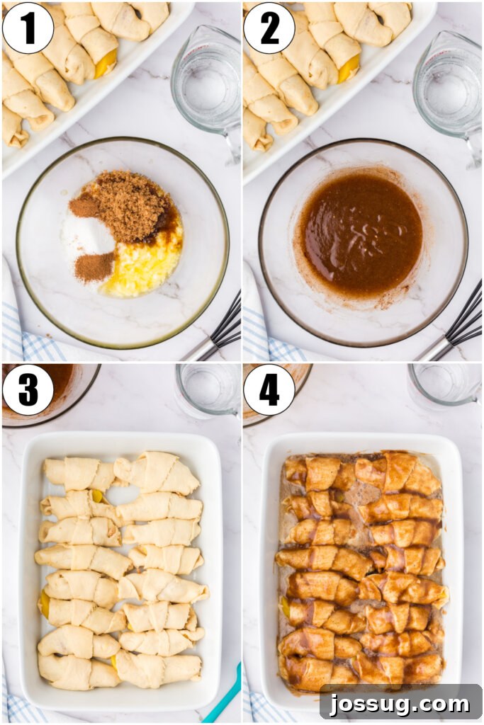 A triptych image showing the steps: preparing the sweet sauce, arranging the dumplings covered in sauce, and the final baked peach crescent dumplings in a pan.