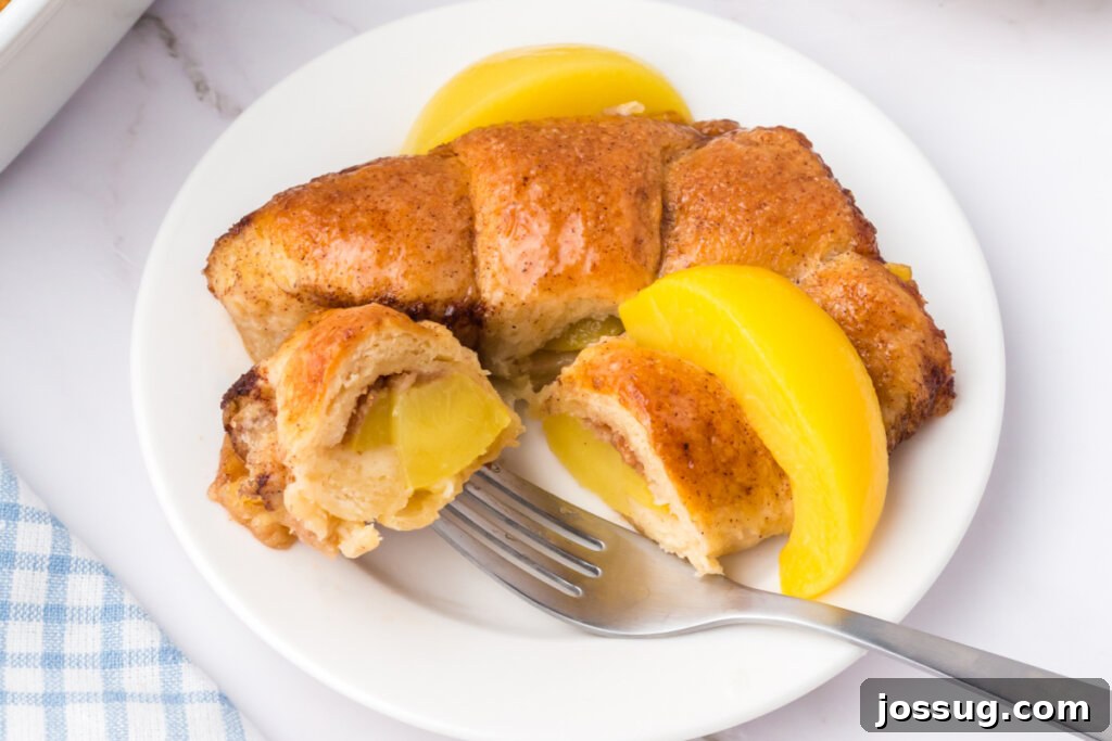 A single, perfectly baked Peach Crescent Dumpling resting on a white plate, showcasing its golden crust and delicious filling.