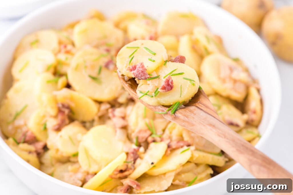 Large white bowl filled with freshly made German Potato Salad, garnished with chives, ready for a family meal.