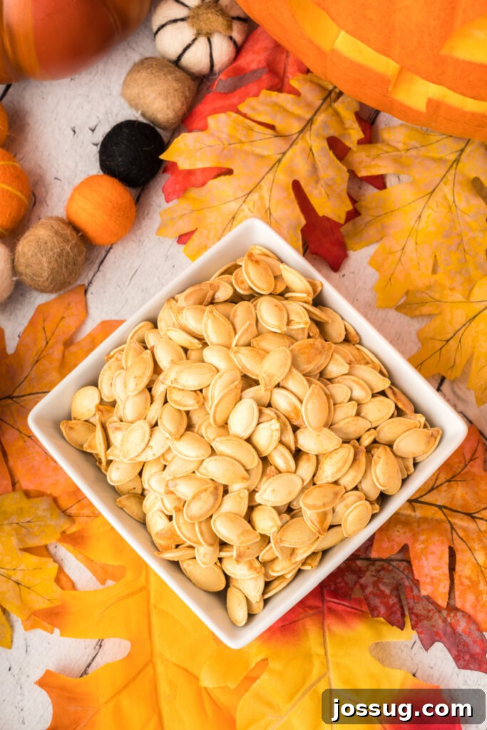 Crunchy Golden Pumpkin Seeds 3 looking down onto a square bowl holding roasted pumpkin seeds