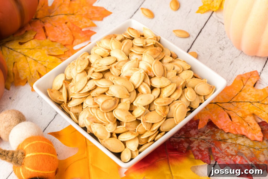 Crunchy Golden Pumpkin Seeds 6 square white bowl with roasted pumpkin seeds