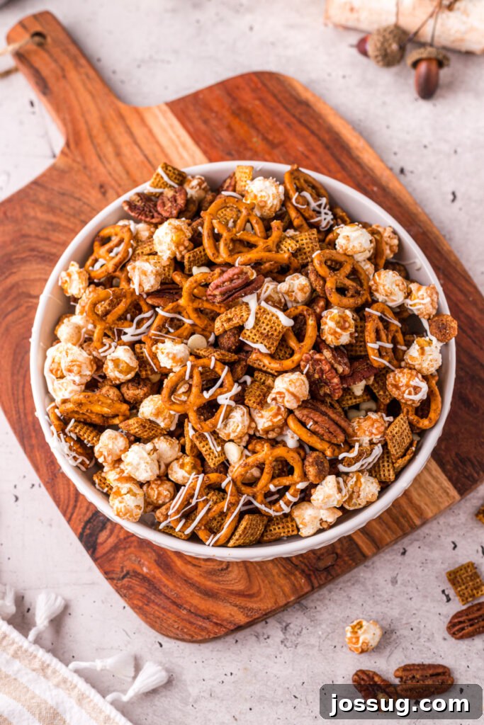 Crispy Autumn Air Fryer Snack Mix 3 A second view of the finished fall Chex mix, presented in a rustic bowl, highlighting the varied textures and sweet coating.
