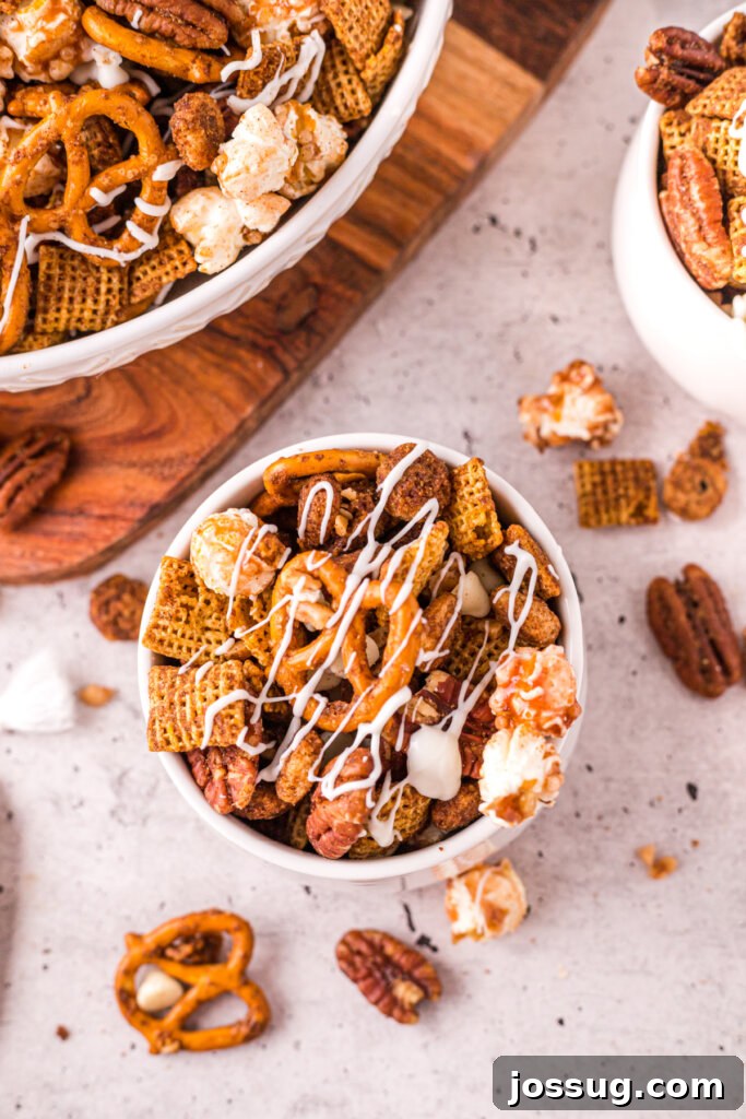 Crispy Autumn Air Fryer Snack Mix 5 A smaller serving of the Air Fryer Fall Chex Mix in a festive, cozy bowl, garnished with a sprinkle of extra spices.