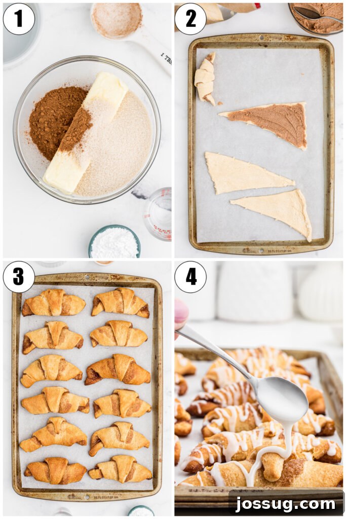 Sweet Cinnamon Crescents 4 collage showing step-by-step how to make cinnamon crescent rolls, from spreading filling to rolling