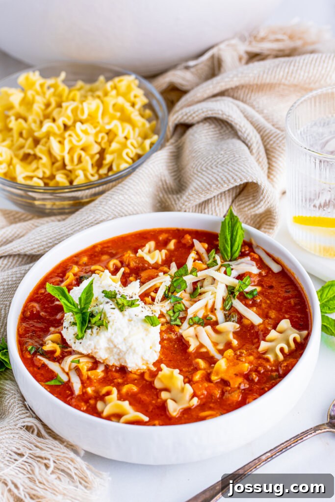 Lasagna in a Bowl 2 A bowl of delicious lasagna soup, showcasing the richness of the broth and ingredients.