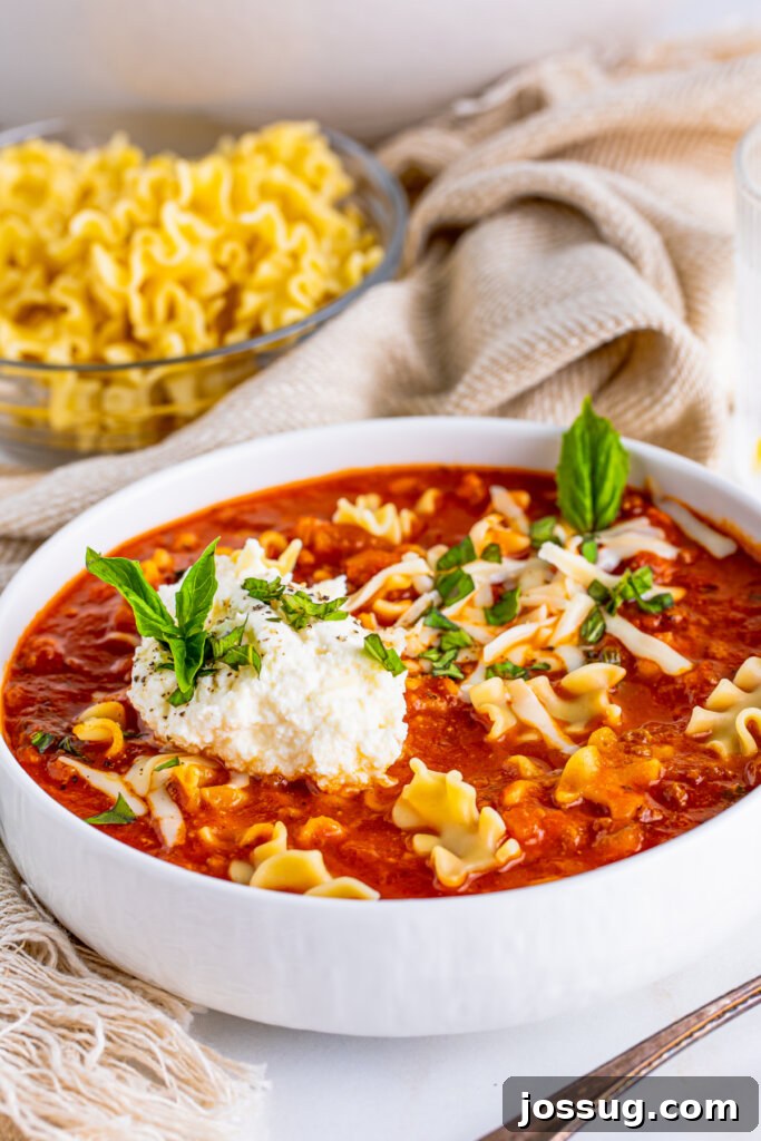 Lasagna in a Bowl 3 A close-up view of a bowl of lasagna soup, emphasizing the various textures and colors of the ingredients.