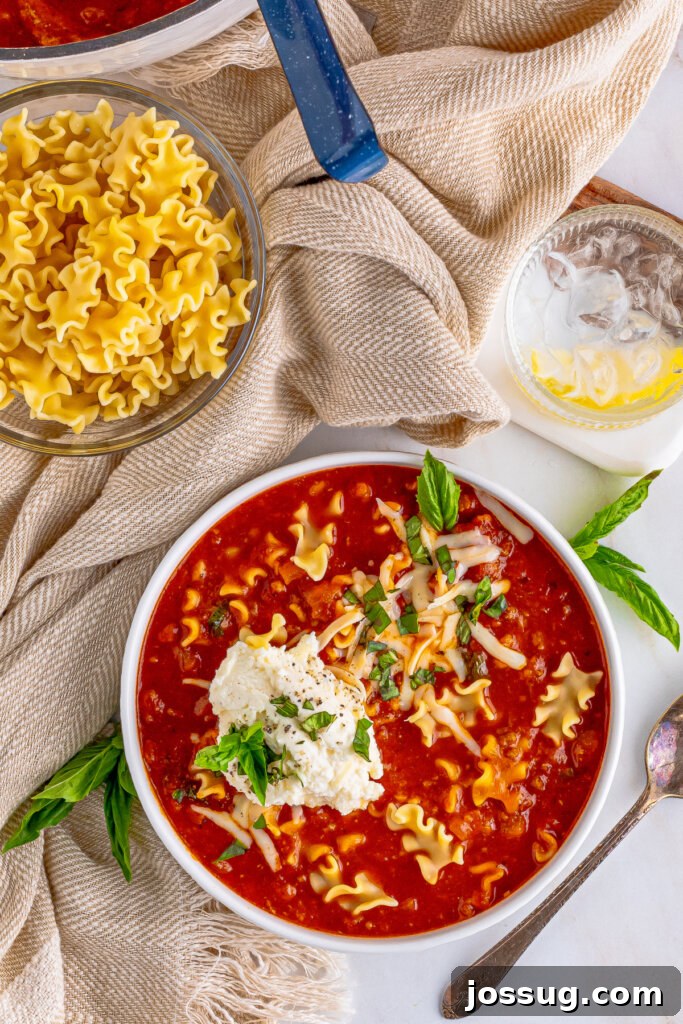 Lasagna in a Bowl 5 A top-down view of a bowl of lasagna soup, showcasing the beautifully layered ingredients ready to be enjoyed.