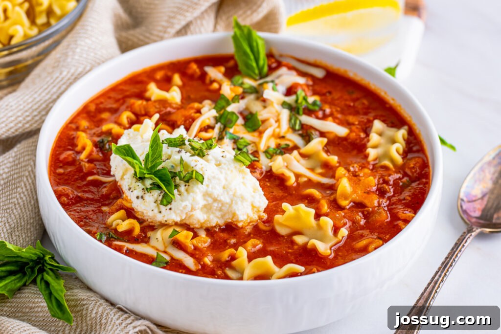 Lasagna in a Bowl 6 A finished bowl of lasagna soup, beautifully presented and ready to be enjoyed.