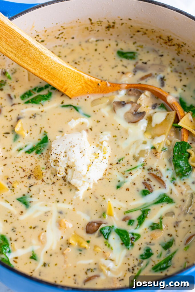 pot of chicken alfredo lasagna soup
