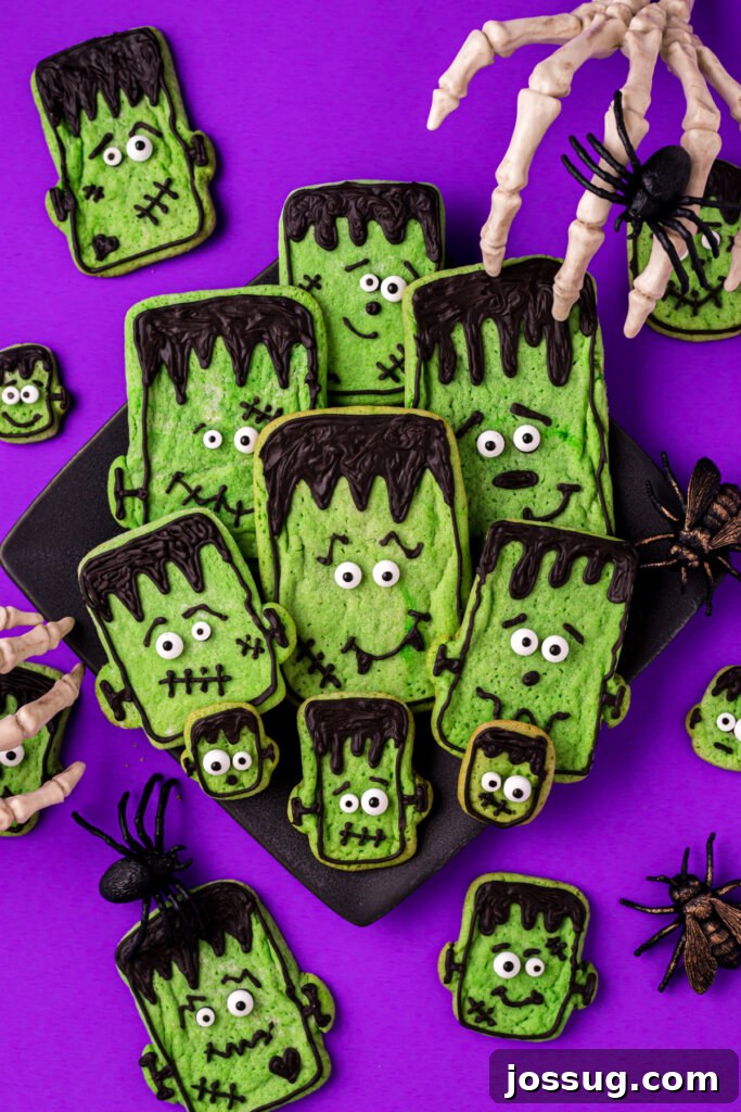 Stitched-Up Monster Cookies 2 Decorated Frankenstein sugar cookies arranged on a plate, ready for Halloween festivities.