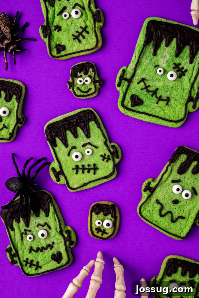 Stitched-Up Monster Cookies 3 Assorted Frankenstein cookies presented on a purple background, showcasing various decorations.