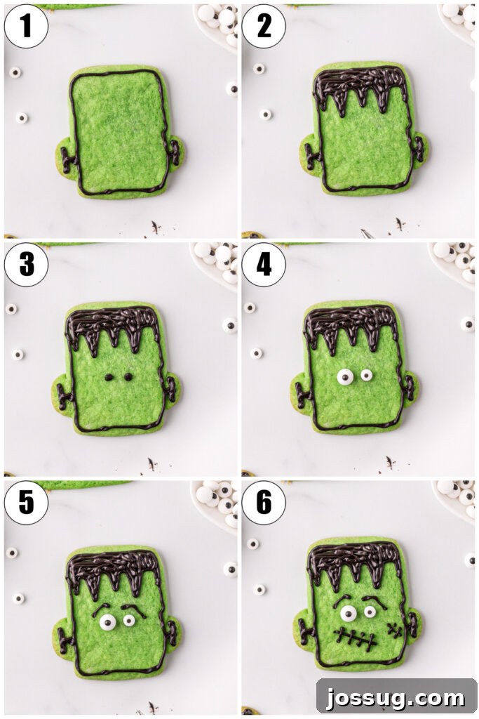 Stitched-Up Monster Cookies 4 Step-by-step process showing how to make Frankenstein cookies, from dough to decoration.