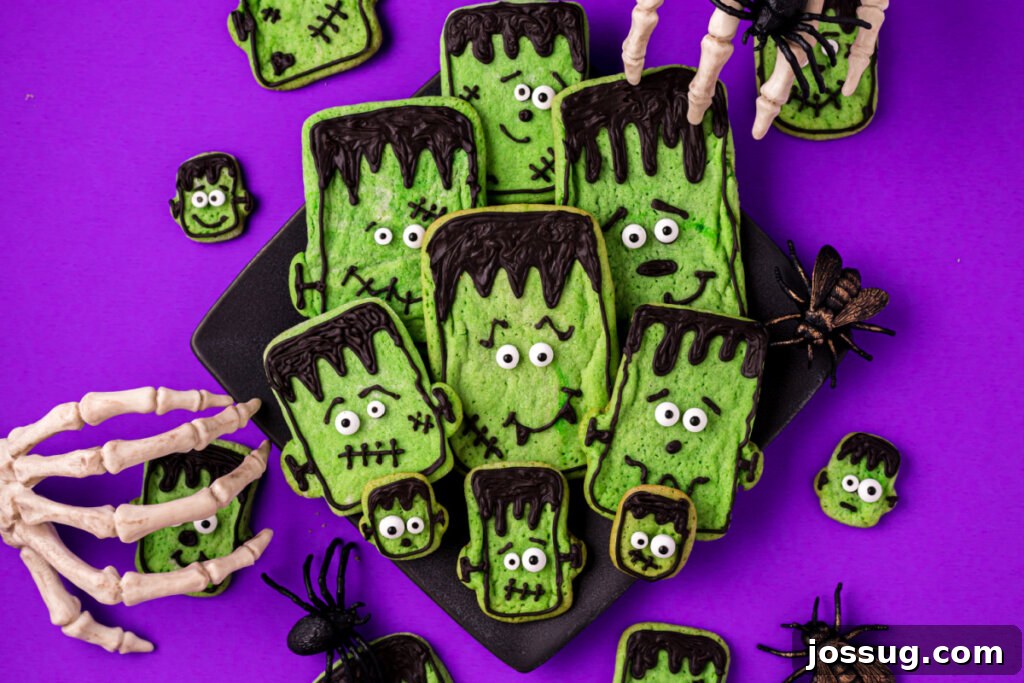 Stitched-Up Monster Cookies 6 Assortment of Frankenstein cookies on a plate, ready to be enjoyed during Halloween.