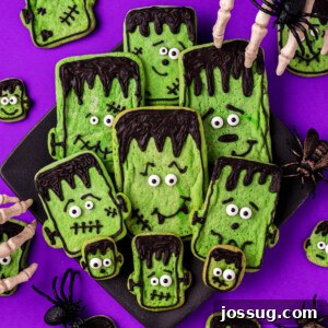 Stitched-Up Monster Cookies 7 decorated frankenstein sugar cookies on plate