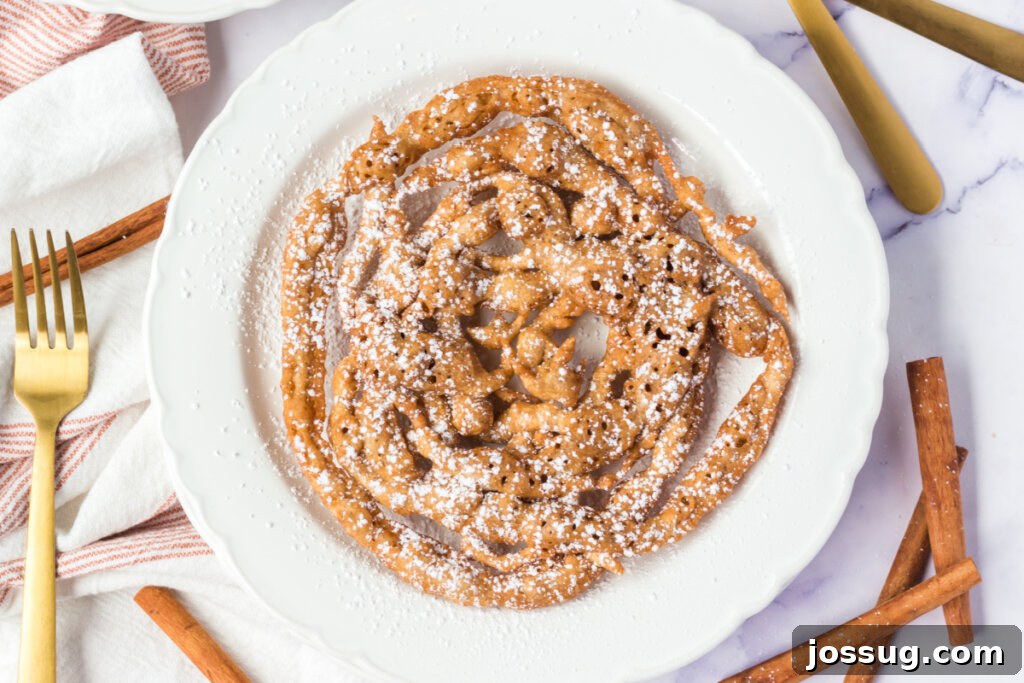 Autumn Spice Swirl Cakes 6 An overhead shot of a Pumpkin Spice Funnel Cake on a plate, adorned with powdered sugar.